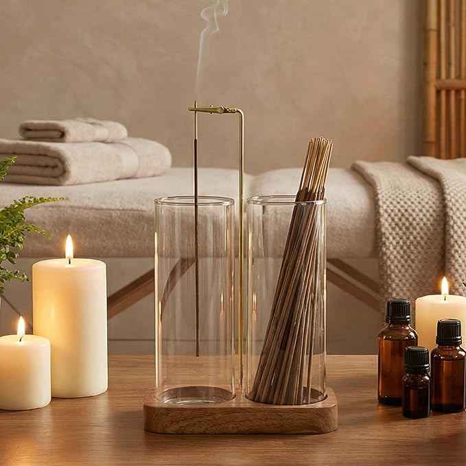 Ceremony Incense Holder, 2 in 1 Wooden Incense Holder for Sticks with 20 Incense Sticks, Anti-ash Incense Burner with Glass Ash Catcher, Wood Incense Holder 20 Stick (2 Glass Rectangle Base)