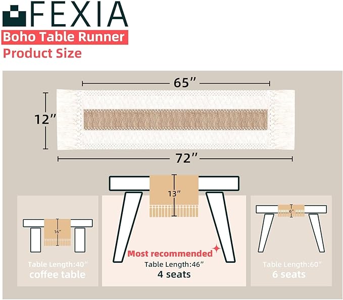 FEXIA Boho Table Runner for Thanksgiving Fall Christmas Home Decor with Tassels 72 Inches Long Pottery barn Furniture Farmhouse Rustic Macrame Burlap Table Decoration for Living Room (12x72 Inches)