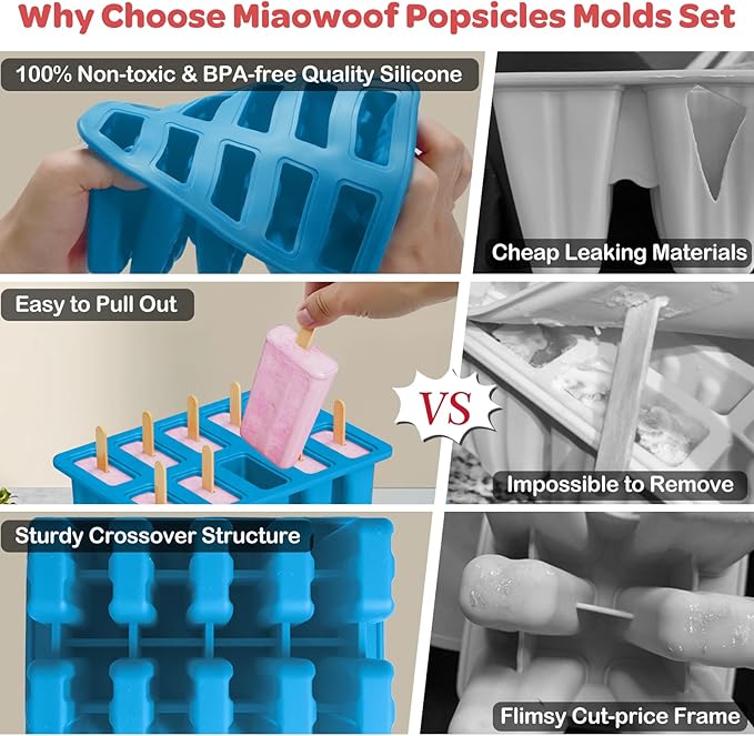Miaowoof Homemade Popsicle Molds, 10-Cav Non-BPA Silicone Ice Pop Maker, with 50 Sticks, 50 Bags, 10 Reusable Sticks, Funnel, Brush and Ice Pop Recipe (Blue+Bin)