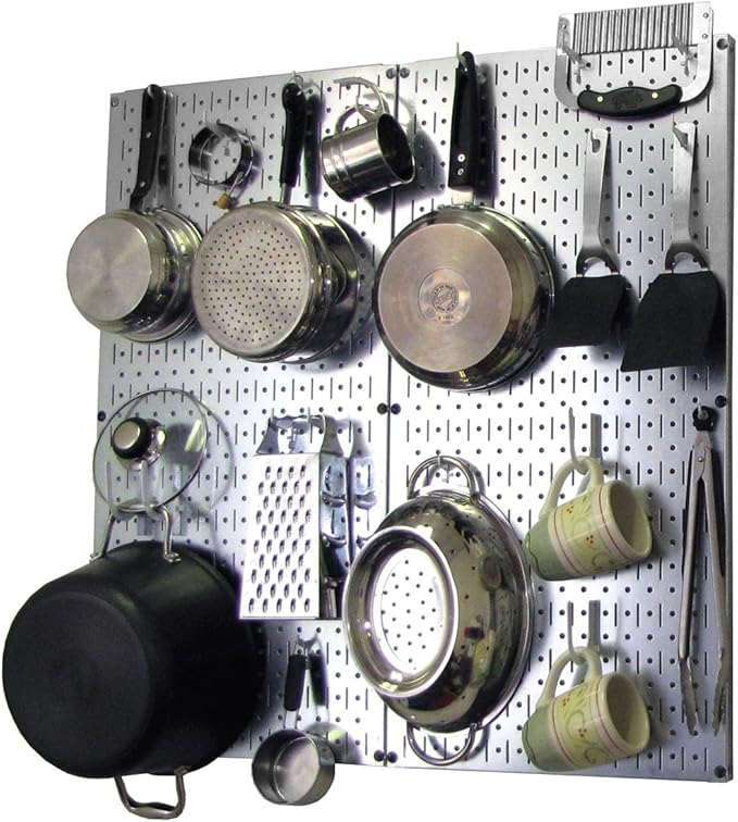 Wall Control Kitchen Pegboard Organizer Pots and Pans Storage Rack Organization Kit with Metallic Silver Pegboard and White Accessories