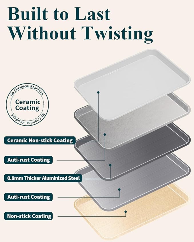 7PCS Ceramic-Coated Baking Sheet Set - 10x15in Jelly Roll Pan Non-Stick Cookie Sheet with Wire Rack, Silicone Spatula & 4 Cookie Cutters, PFAS Free, Oven Safe (550°F), Pistachio Green