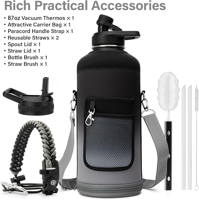 DYSANKY Insulated Water Bottle | Thickened Stainless Steel for Gym and Hiking with Straw, Carrier Bag, Handle Strap | BPA-Free 87 oz