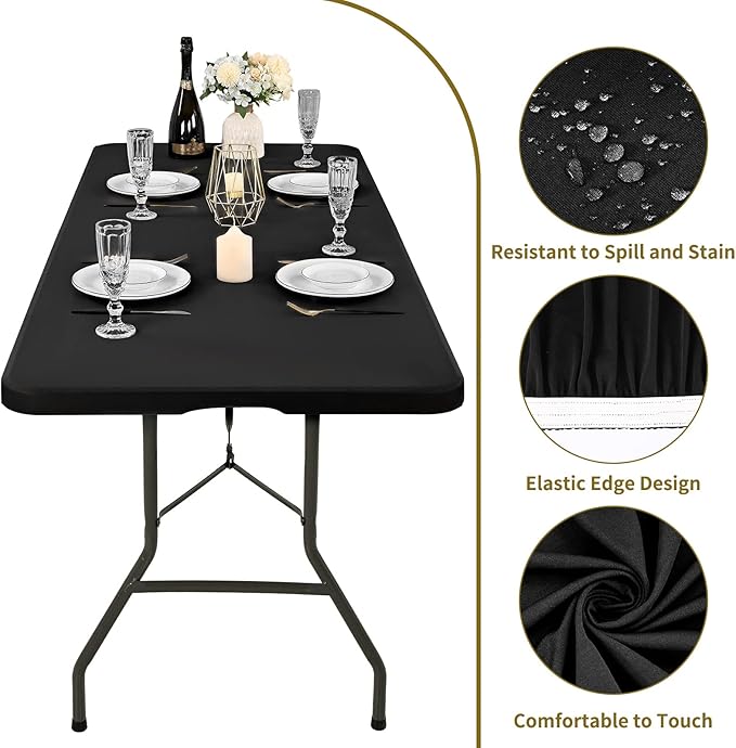 6 Pack Stretch Fabric Table Top Cap Cover, fits 8' Tables, Spandex Table Covers Washable Elastic Universal Rectangle Tablecloth Protector for Indoor Outdoor Party Picnic Wedding, Black, 30" W x 96" L