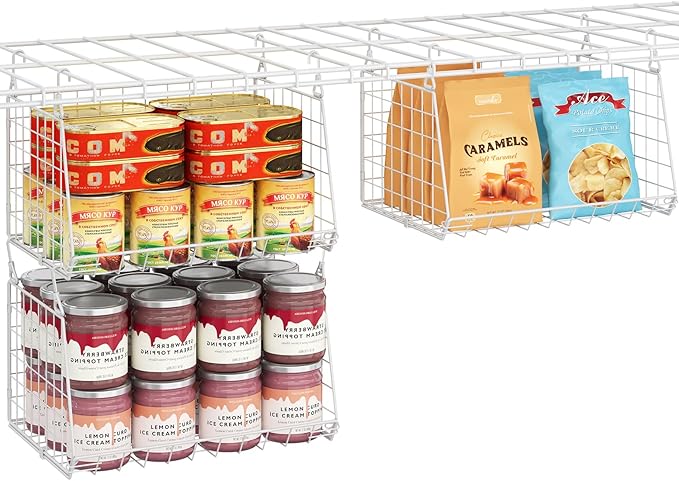 Jsskeeim 3-Pack Under Shelf Hanging Baskets with 360° Rotating Hooks - Space Saving Pantry Shelf Organizer for Kitchen Storage, Foldable Small Space Solutions for Pantry Organization, White