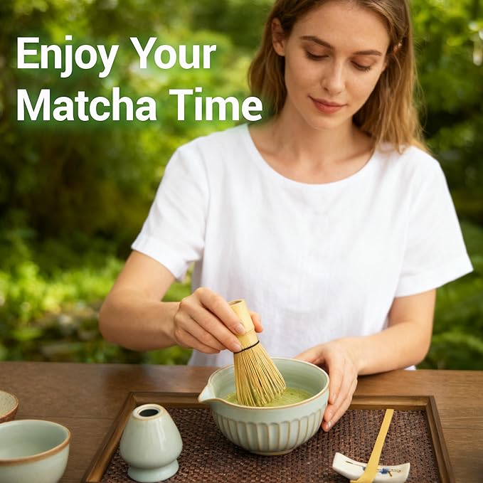 Matcha Whisk Set, Japanese Tea Ceremony Kit, 18oz Spout Bowl, Bamboo Whisk Scoop, Ceramic Holder Sifter Towel,7 pcs Matcha Tea Kit for Matcha Lovers, Christmas, Birthday Gift(Sky Blue)