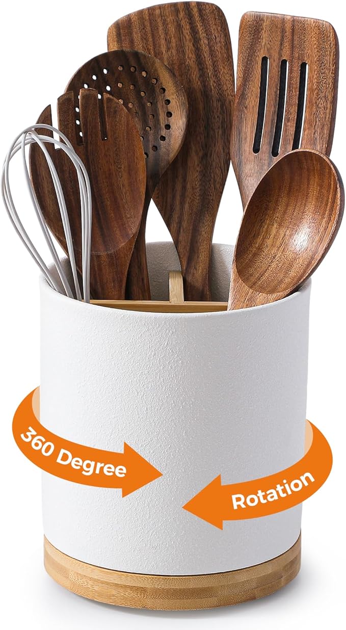 LoeJan 3 Compartment Utensil Holder, Extra Large Utensil Crock, Stable Ceramic Utensil Organizer, Cooking Tool Organizer Set for Kitchen Counter Farmhouse Decor, Textured White