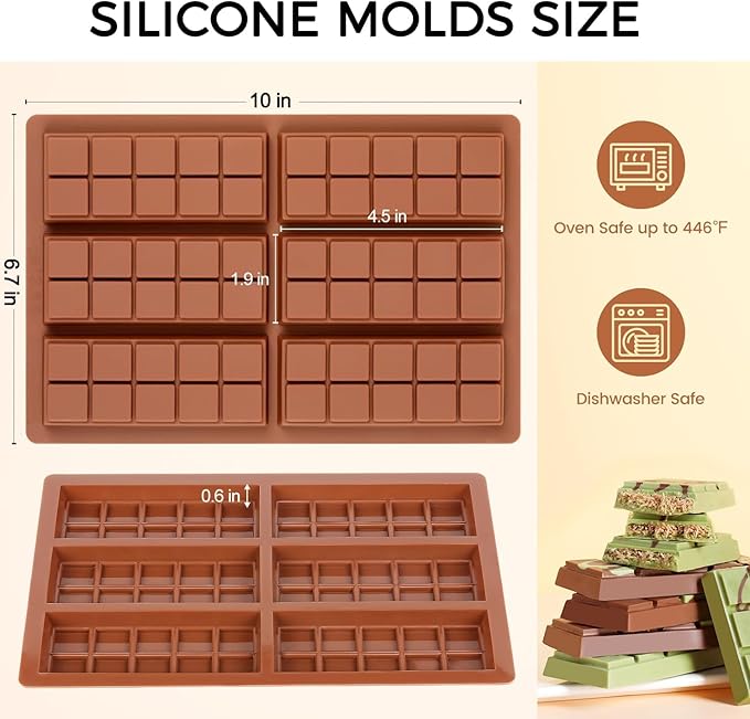 Chocolate Molds - Non-Stick Chocolate Bar Mold, Break Apart Chocolate Bar Maker Food Grade Deep Chocolate Bar Mold For Making Candy Knafeh Pistachio Chocolate Bar - Set of 2