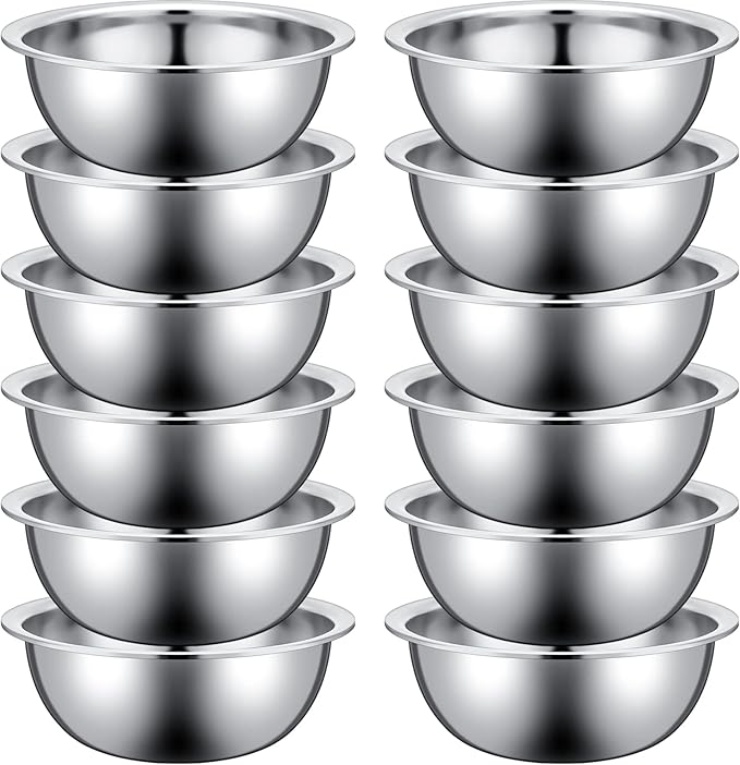 Pinkunn 12 Pcs Stainless Steel Mixing Bowls, Nesting Metal Salad Prep Bowls Bulk Reusable Baking Food Container Large Medium Small for Kitchen Hotel Restaurant Cooking, Silver (9.45 x 3.15 Inch)