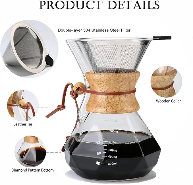 Lalord Pour Over Coffee Maker with Reusable Stainless Steel Filter, 27 oz Borosilicate Glass Coffee Carafe, Wooden Collar, Coffee Maker Carafe, Hold 4-6 Cups, 800 ml, Clear