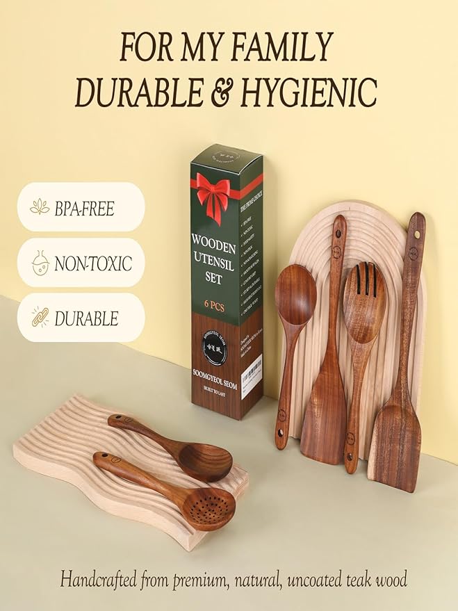 Natural Teak Wood Kitchen Utensil Set - 6 Piece Non-Stick Cooking Spoons & Spatulas, Heat Resistant & Eco-Friendly, Durable Wooden Tools for Nonstick Cookware