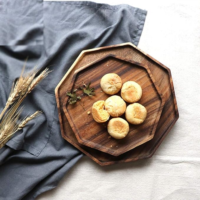 Set of 2 Acacia Wood Charcuterie Boards Round Wooden Serving Tray Fruit Platter Decor Trays Serving Ware Food Dish Serving Platters Christmas Cheese Board Square Party Trays Plate Hosting Essentials