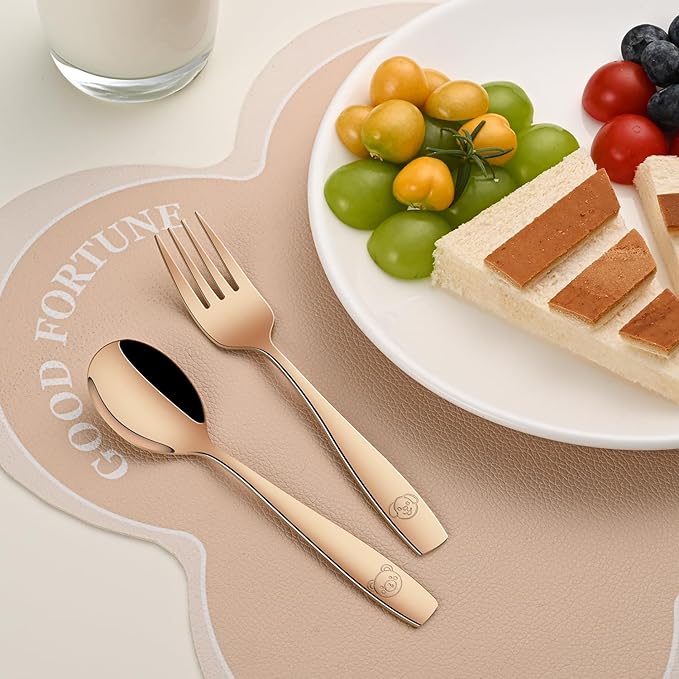 DEHOV Rose Gold Toddler Eating Utensils Set,Set Of 12 Food Grade Stainless Steel Silverware Sets For Kids,Dishwasher Safe Children Small Metal Spoons And Forks Flatware Sets