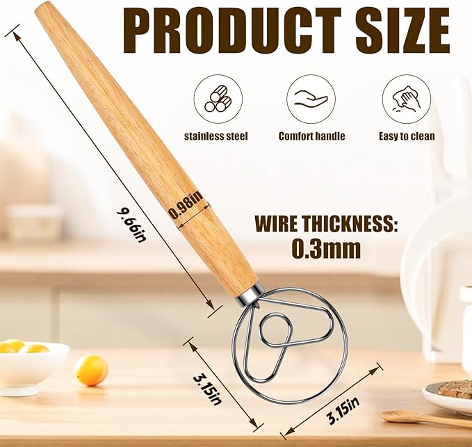 TEEVEA Danish Dough Whisk for Sourdough, Wood Handle & Stainless Steel