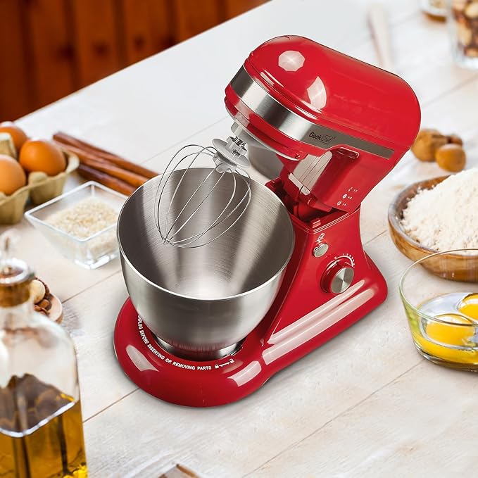 Geek Chef Electric Stand Mixer, 4.8QT 12 Speeds Tilt-head Food Mixer with Dough Hook, Whisk, Beater, Bowl, Rotary Knob for Home Kitchen Use, Bright Red