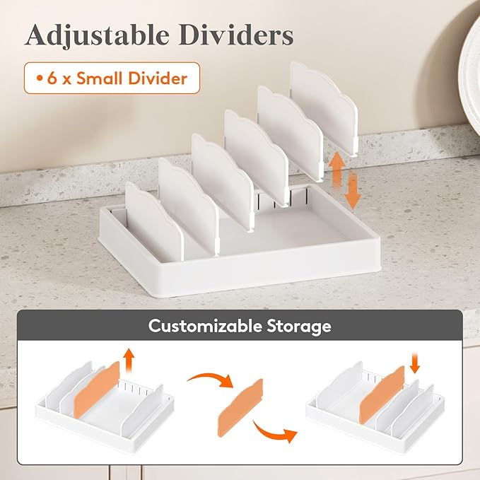 Lifewit Kitchen Cabinet Organizer for Food Contanier Lid, Lid Holder with 6 Adjustable Dividers & 7 Sections for Pantry Organizers and Storage, Home Drawer Organization, Large, 13" x 10"