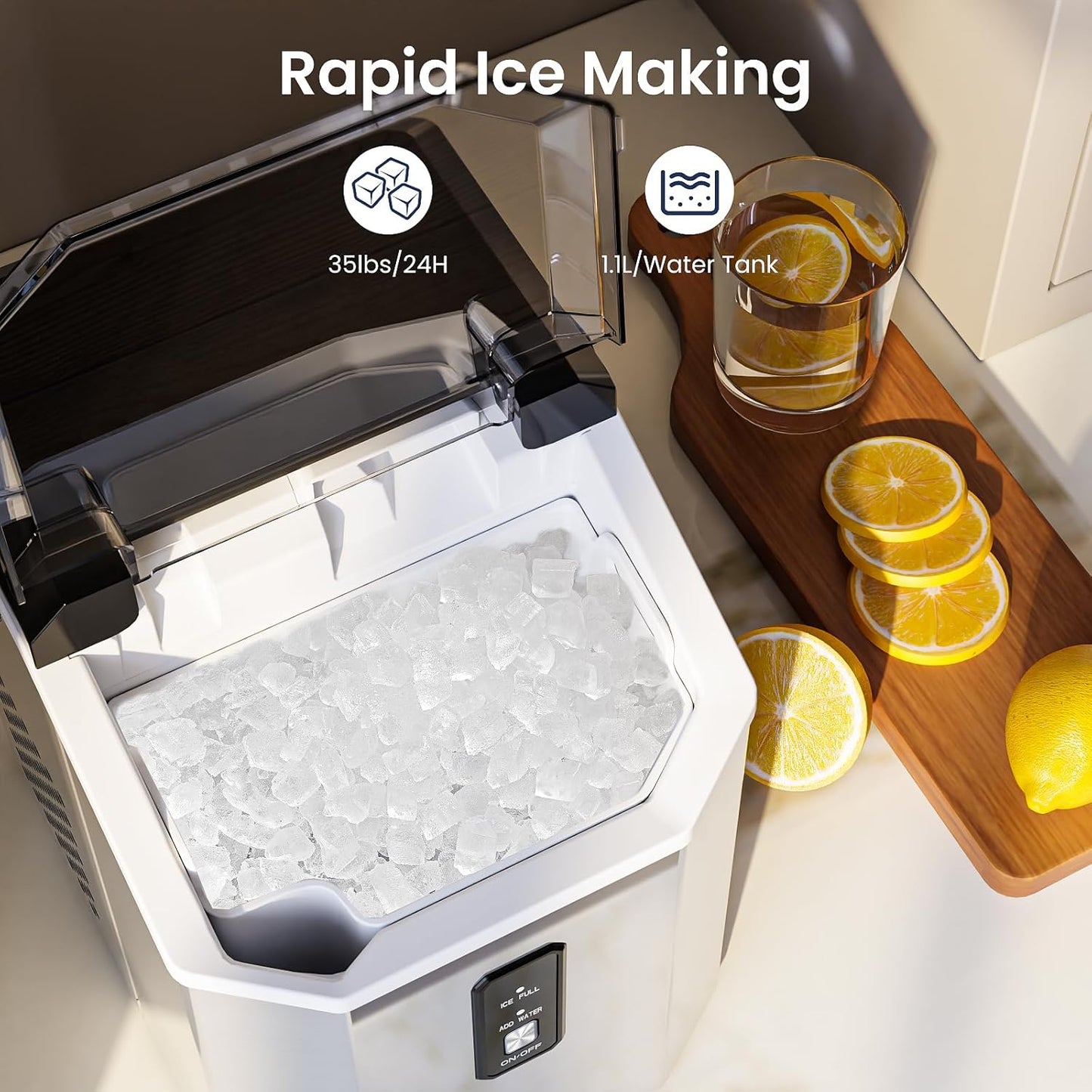 Nugget Ice Makers Countertop, Portable Ice Maker Machine with Self-Cleaning, 35lbs/24Hrs, Crushed Ice Maker with Handle/Basket/Scoop for Home, Kitchen, Office and Camping(Stainless Steel Silver)
