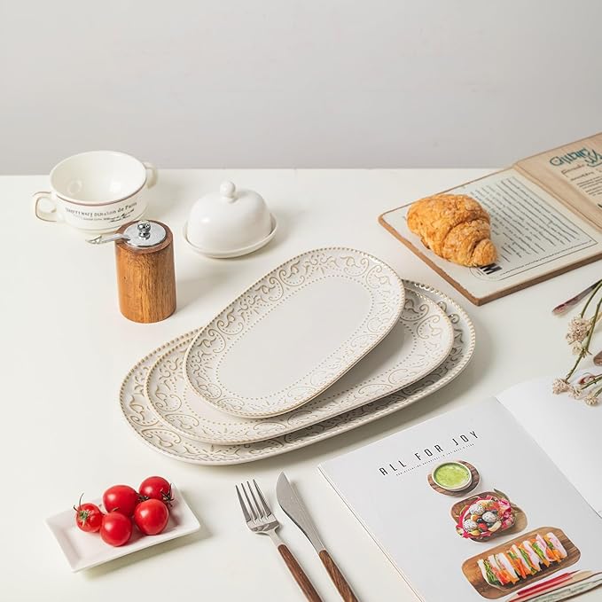 Serving Platters Set, 14"/12"/10" Oval Ceramic Serving Plates, Embossed Serving Trays for Party, Oven Dishwasher Safe, Vintage White Serving Dishes for Entertaining, Appetizers, Pasta, Sushi