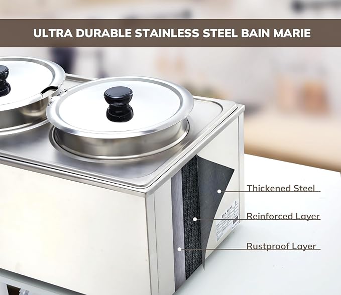 SYBO Food Warmer Steam Table Easy to Clean Commercial Grade Stainless Steel Bain Marie Buffet for Catering and Restaurants ETL, CE ROHS Certified for Commercial, Safety (2 Round Pots with Tap)