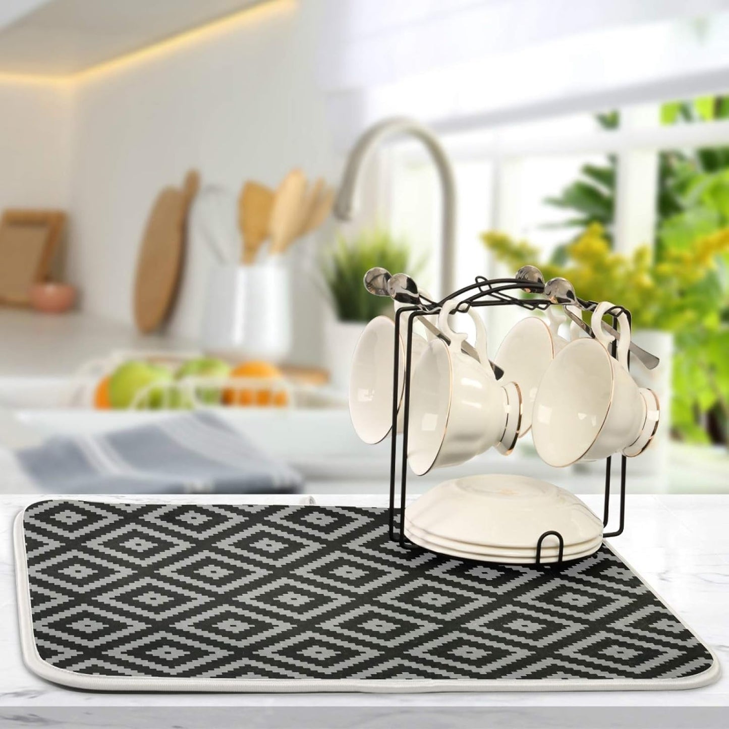 Super Absorbent Dish Drying Mat Microfiber Fast-Drying Dish Mat 24" x 18 Kitchen Dish Drying Pad Black Moroccan Rhombus Plaid
