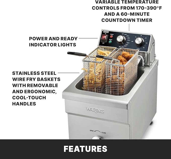 Waring Commercial 15lb Heavy-Duty Deep Fryer, for French Fries, Calamari and Dumplings, WDF1700