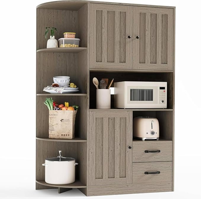 Gizoon 60.4" Pantry Cabinet with Coffee Bar, Tall Kitchen Pantry Storage Cabinet with Microwave Stand and 2 Drawers, Farmhouse Hutch with 4 Open Tiers for Dining Room and Kitchen Organization, Grey