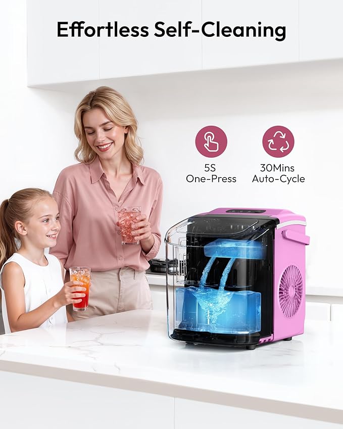 EUHOMY Countertop Ice Maker Machine with Handle, 26lbs in 24Hrs, 9 Ice Cubes Ready in 6 Mins, Auto-Cleaning Portable Ice Maker with Basket and Scoop, for Home/Kitchen/Camping/RV. (Pink)