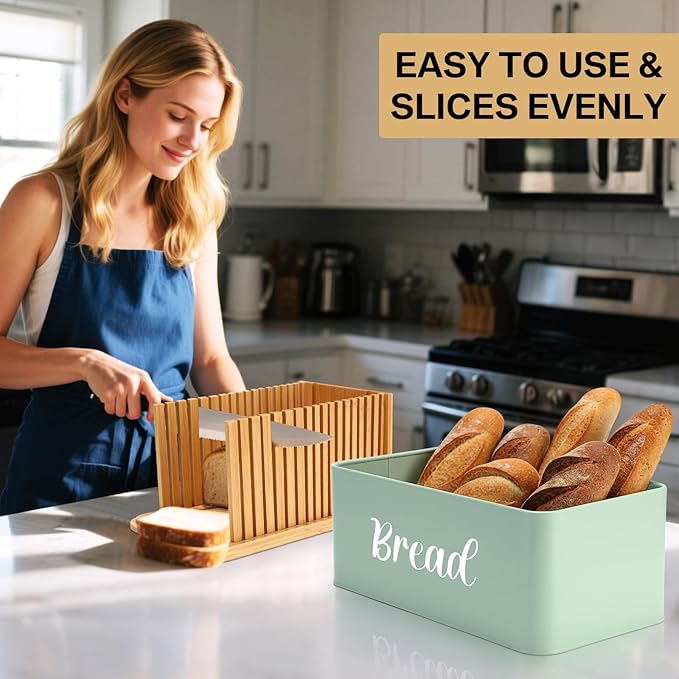 Bread Box with Bread Slicer Storage Container for Kitchen Countertop Food Storage with Multifunction Bamboo Lid, 3 in 1 Breadbox Removable Cut Board for Loaf Slicing(Green,Wood,Metal,Bamboo)