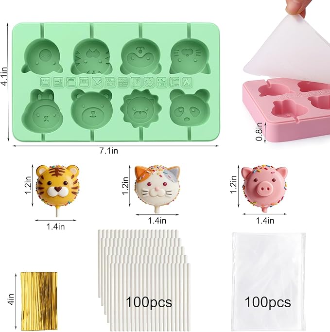 Juome Cake Pop Mold Kit, 2 Pack 16 Cavities Animal Shape Cakesicle Molds Silicone with 100 Wooden Sticks&100 Packaging Bags, Cake Pop Maker Supplies Accessories, Baking Tools for Home Baking Desserts
