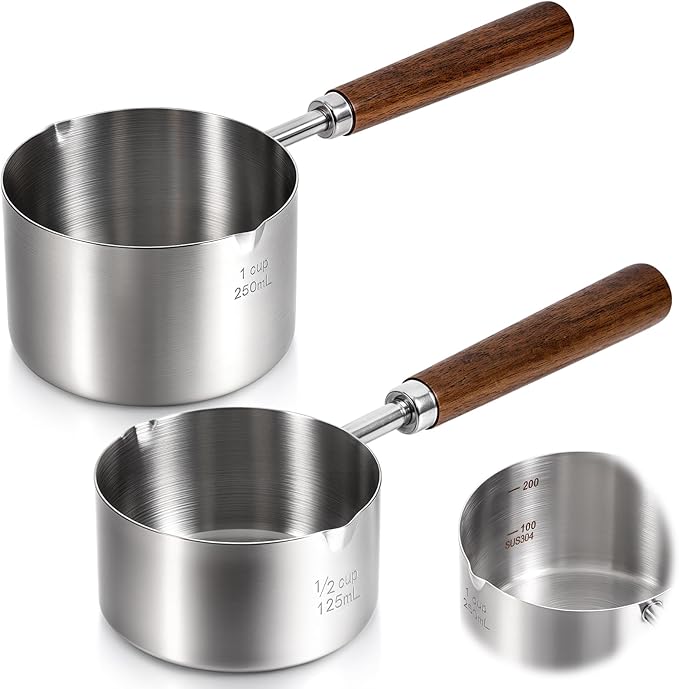 2 Pcs 8.5 oz/4.2 oz Mini Food Grade Stainless Steel Butter Warmer, Mini Food Warmer with Dual Spouts, Small Milk Saucepan with Wood Handle, for Coffee Milk Warming Chocolate Butter Melting