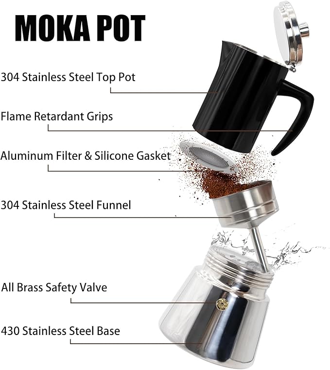 12 Cup Thickened 304 Stainless Steel Moka Pot Stovetop Espresso Maker Cafeteras Italian Percolator Espress Makers Capable Greca Mocha Coffee Machine for Induction Home and Camping 600ml 20oz