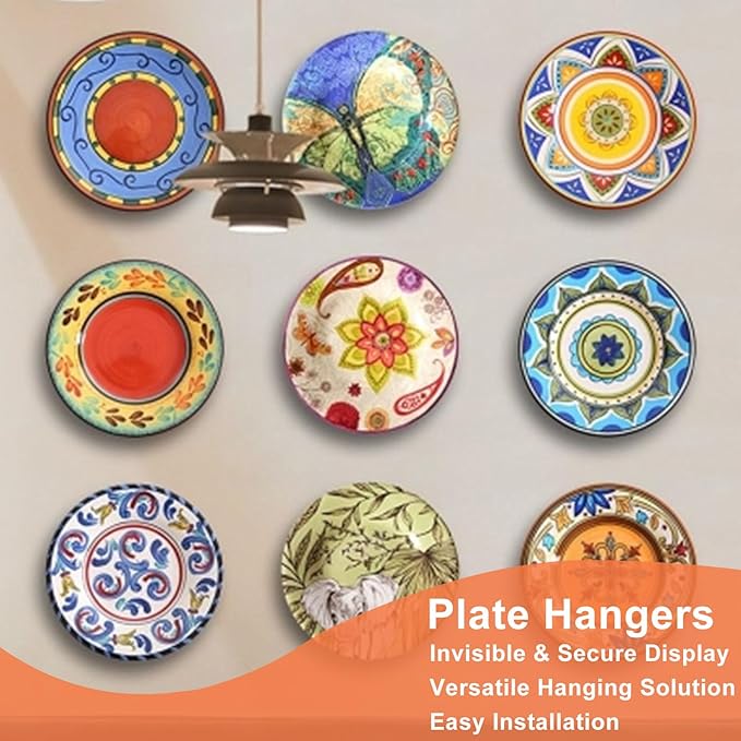 Plate Hangers for The Wall - Stainless Steel Invisible Heavy Duty Wire Plate Holder for 11-12 Inch Decorative Plates, Art Plates & Ceramic Plates with Wall Hooks