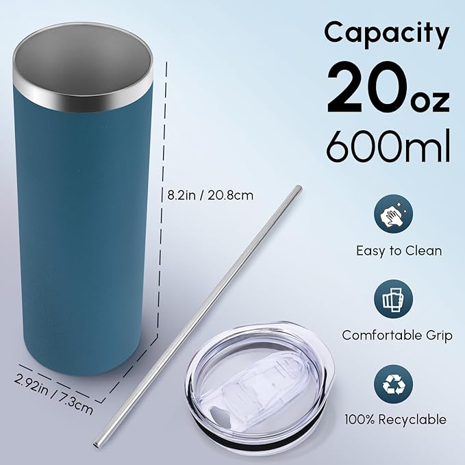 Volhoply 20 oz Skinny Tumbler with Lid and Straw, Stainless Steel Straight Tumblers Cup, Vacuum Insulated Coffee Mug for Home, Office, Travel, DIY (Dark Green,1 Pack)