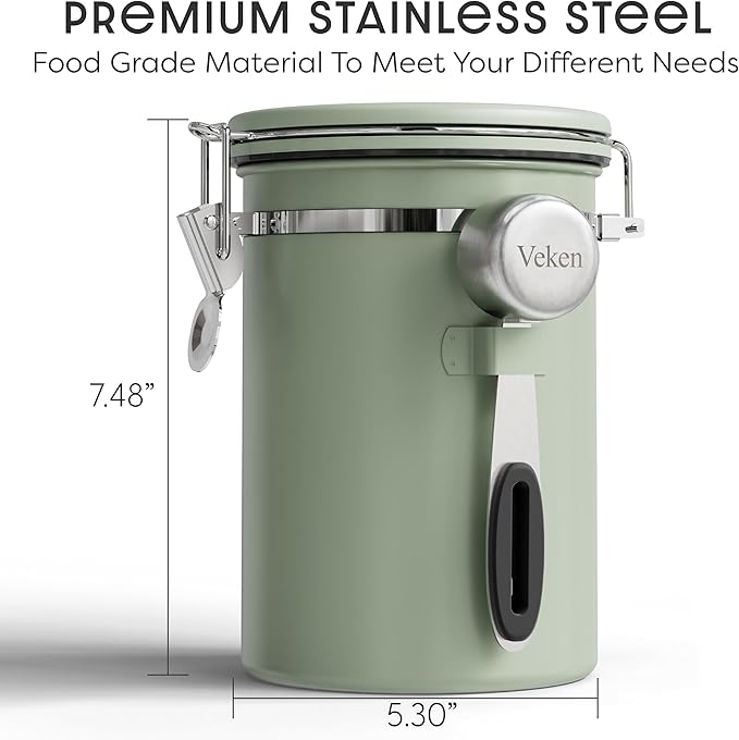 Veken Coffee Canister with Window, Airtight Stainless Steel Kitchen Food Storage Container with Lids, Date Tracker and Scoop for Grounds Coffee, Beans, Tea, Flour, Cereal, Sugar Jars, 22OZ, Green