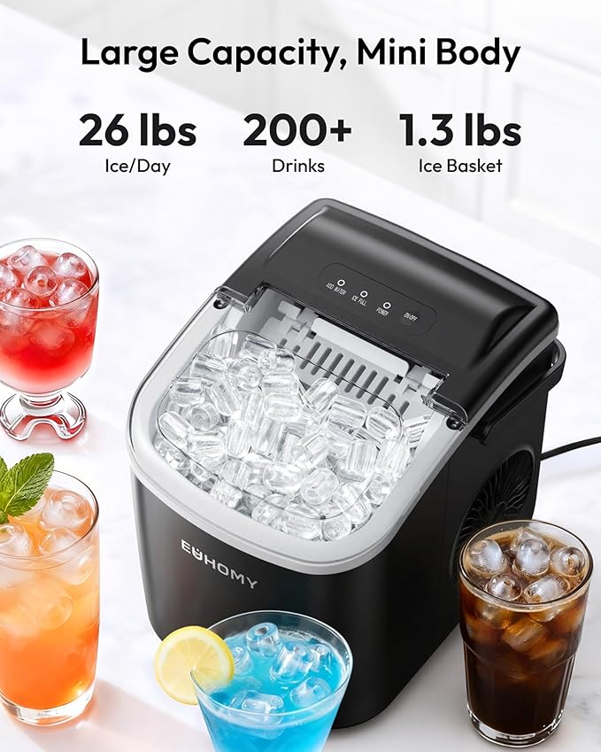 EUHOMY Countertop Ice Maker Machine with Handle, 26.4lbs in 24Hrs, 9 Ice Cubes Ready in 6 Mins, Self-Cleaning Portable Ice Maker with Basket and Scoop, for Home/Kitchen/Camping/RV. (Black)