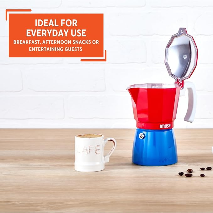 IMUSA Stovetop Espresso Maker 3 Cup Moka Pot Caribbean Colors Edition – Cuban Coffee, Italian Style, Demitasse, Cortadito, Cappuccino – Cast Aluminum Cafetera Espresso Azul Rojo Blanco