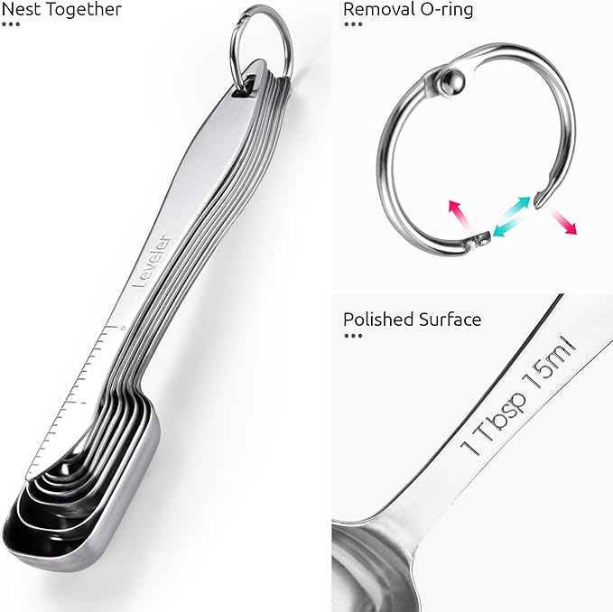 U-Taste 18/8 Stainless Steel Measuring Cups and Spoons Set of 10, and 18/8 Stainless Steel Square Measuring Spoons Set of 8 (Midnight Blue+Silver)