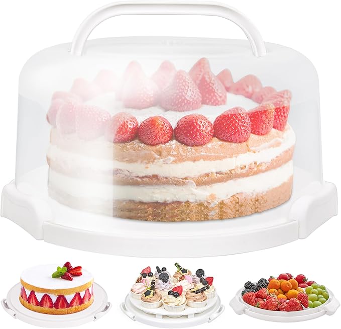Ohuhu Cake Container, Cake Carrier with Lid and Handle BPA-Free Cake Holder for 10 inch Cake with 2 Handles Cupcake Carrier - Plastic Cover Two Sided Base for Transport Pies Nuts Fruit Perfect Gifts
