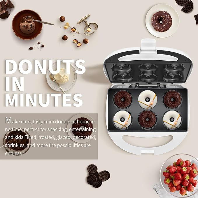 DSP Mini Donut Maker - Non-Stick, Cool Touch Electric Doughnut Machine for Mini Donuts - Perfect for Breakfast, Snacks & Desserts (White, 6 Donuts)