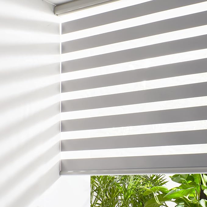 Persilux Cordless Zebra Blinds for Indoor Windows, Free-Stop Zebra Blinds Cordless, Light Filtering Sheer Shades Dual Layer for Day and Night, Zebra Roller Shades for Home (34.25" W X 47" H, Grey)