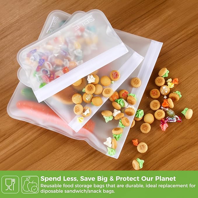 SPLF 12 Pack Dishwasher Safe Reusable Food Storage Bags (5 Sandwich 5 Snack 2 Gallon), BPA Free Freezer Bags Leakproof Silicone and Plastic Free Lunch Bags Fridge Organization