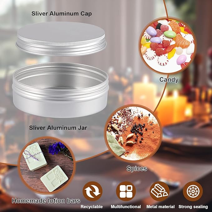 OBKJJ 60 Pack Round Cans with Screw Lid 4 Oz Aluminum Metal Tins DIY Food Candle Containers for Lotion Bars, Balms, Salve, Spices, Beard Balm, Crafts with 4 Markers 2 Sheets Label Stickers