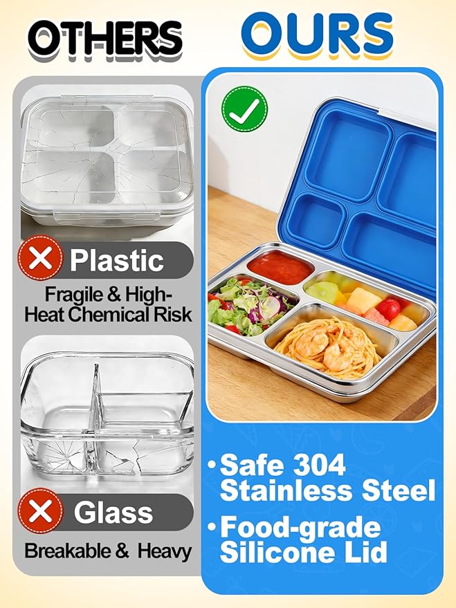 Alphatool 41oz Large Stainless Steel Lunch Box for Big Kids & Teenager- 4 Compartments, Bento Box for School Office, Dishwasher Safe