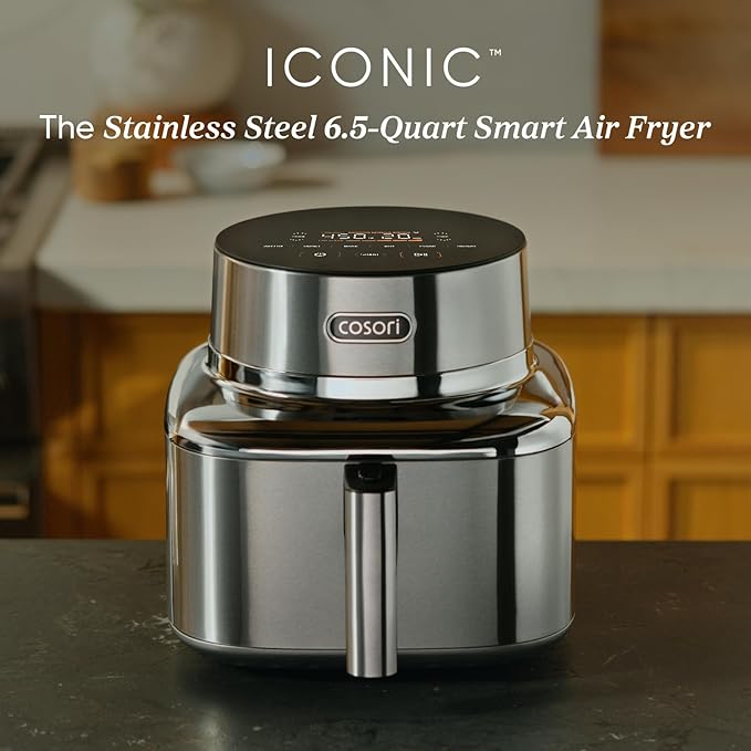 Cosori Iconic Stainless Steel 6.5 Qt Smart Air Fryer, PFAS-Free Ceramic Coating, Max 450°F, Consistent Cooking, Air Fry, Roast, Bake, Dry, Proof, Reheat, Dishwasher-Safe Basket, Chef-Crafted Recipes