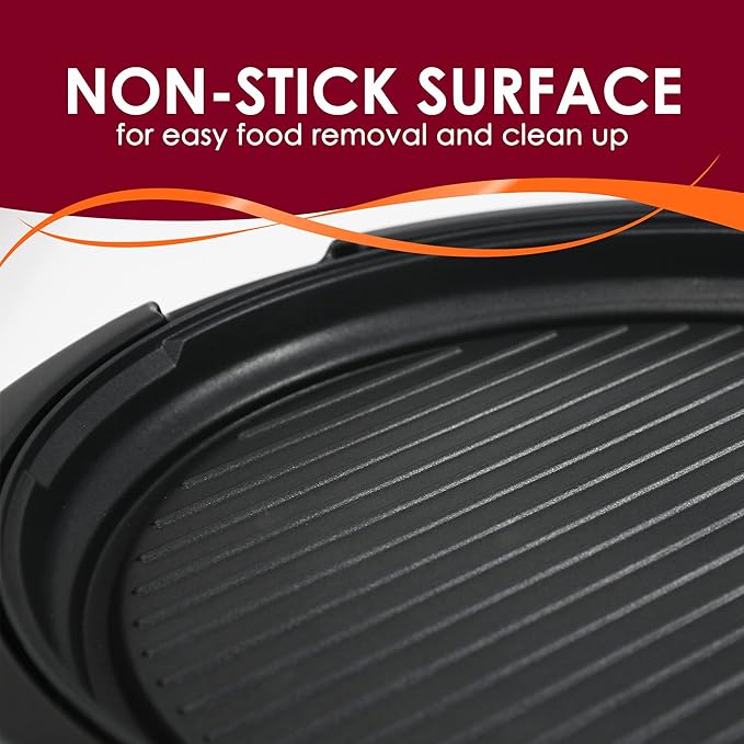Elite Gourmet EMG-980BX Large Indoor Electric Round Nonstick Grill Cool Touch Fast Heat Up Ideal Low-Fat Meals Dishwasher Safe Includes Glass Lid, 14", Black