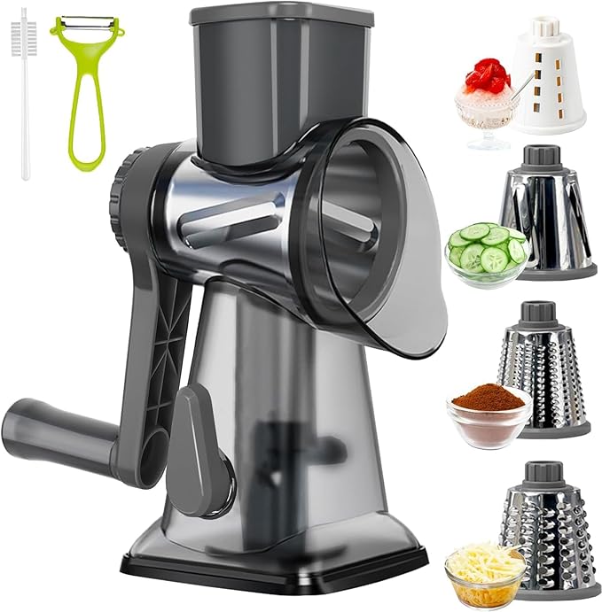 Cheese Grater,Rotary Cheese Grater with Handle, Multifunctional Rotary Cheese Shredder Effortlessly Grates Cheese, Vegetables, and Fruits (Gray)