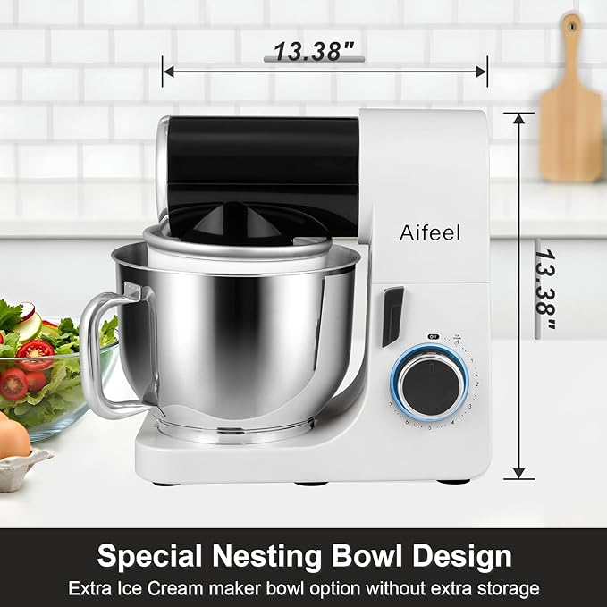 Aifeel Stand Mixer, 6.5QT Mixer with Ice Cream Maker Attachments, Kitchen Electric Mixer Multifunctional Bread Dough Mixer with Dough Hook,Whisk & Beater, Food Mixer for Baking (Black-White)