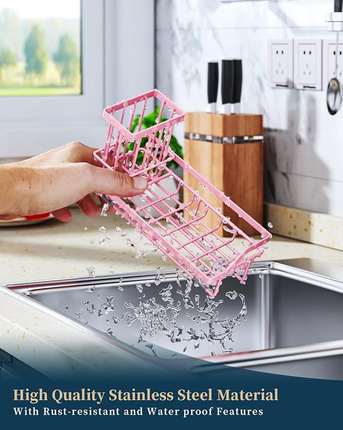 Consumest Sponge Holder for Kitchen Sink - Kitchen Sink Caddy Organizer with Removable Drip Tray for Countertop Dish Soap Dispenser Brush Storage Accessories 304 Stainless Steel, Pink