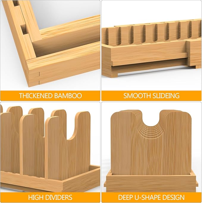 Expandable Pot Lid Organizer, Bamboo Pot and Pan Organizer for Under Cabinet, 16" to 28" Adjustable Length and 10 Dividers
