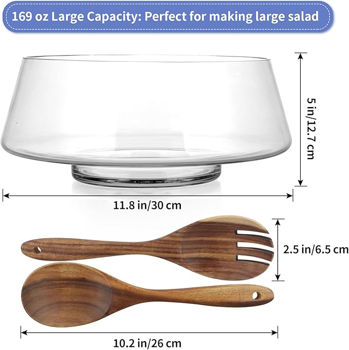 MOLIGOU Large Glass Salad Bowl with Acacia Wood Serving Utensils, 169oz Salad Serving Bowl for Party, Elegant Glass Bowl for Fruit, Trifle, Pasta