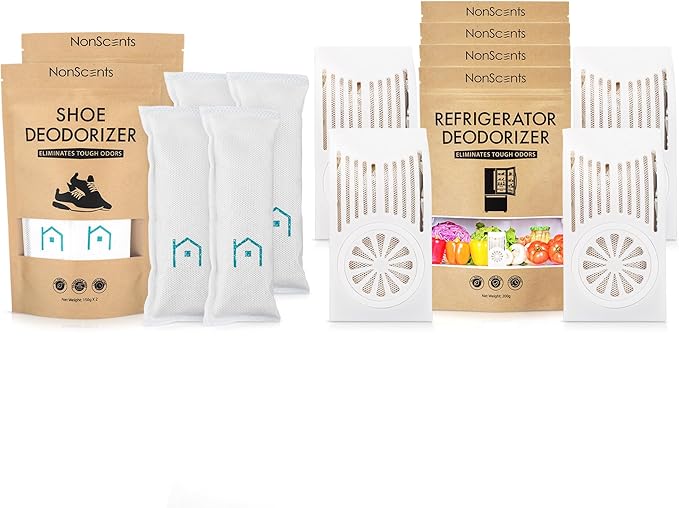 NonScents Shoe & Refrigerator Deodorizer Bundle - 2 Pack (4 Count) Shoe Odor Eliminator & 4 Refrigerator Deodorizer - Powerful, Reusable Odor Absorbers for Shoes, Fridge, Closets - Unscented Freshness